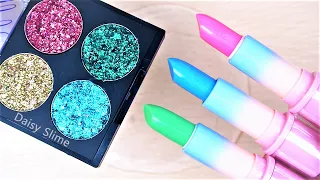 "Christmas Edition" Rainbow Slime coloring with lipstick, eyeshadow, Makeup #lipstickslime #슬라임