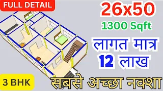26x50 House Plan | घर का नक्शा | 3 BHK House Plan with 3D Elevation |1300 Sqft House Plan