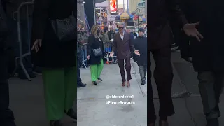 Pierce Brosnan James Bond 007 making funny faces arriving at Good Morning America in New York City