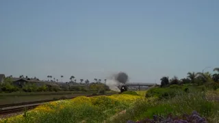 Santa Fe 3751 at Full Steam Thunder with Whistle Blowing Through Carlsbad in 2010