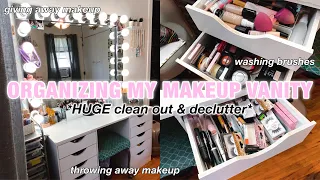 cleaning & organizing my makeup vanity! (declutter, organize, washing brushes, etc.)