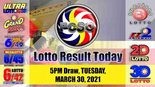 Swertres|3D and EZ2|2D Lotto 5PM Draw, Tuesday, March 30, 2021