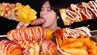 ASMR CHEESY MOZZARELLA CORN DOGS + SAUSAGE RICE CAKE SKEWER (Eating Sound) | MAR ASMR