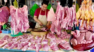 Cambodian street food at Traditional market Scenes - fish, pork, beef, vegetables & more
