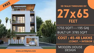 27*65 House Plan 3D | 1755 Sqft | 195 Gaj  | 8 BHK | Modern  Design | Terrace Garden | 8x20 Meters