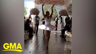 This dancer performs as a ‘flowerina’ in lieu of flower girls at weddings