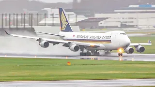 (4K) Plane spotting in a STORM! 747's landing in bad weather at Amsterdam airport Schiphol