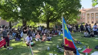 University of North Carolina students set up a barricade around tents on campus to protest