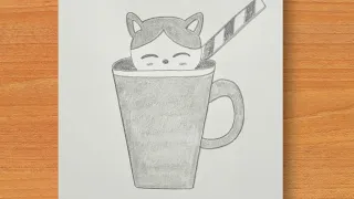 Cute Cat Mug Drawing || Easy drawing steps by step || pencil drawing
