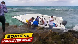 NOOB CAPTAIN PARKS HIS BOAT ON THE JETTY ROCKS !! | Boats vs Haulover Inlet