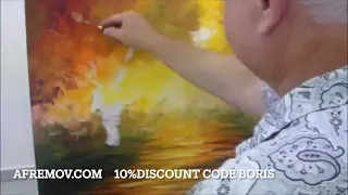 Artist Leonid Afremov creating an original oil painting on canvas with a palette knife of  landscape