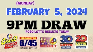 Lotto Result Today 9pm draw February 5, 2024 6/55 6/45 4D Swertres Ez2 PCSO#lotto