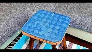 Джинсовая плетёная подушка  на табурет или офисный стул denim wicker bedding on a chair