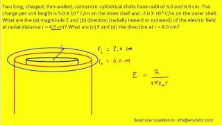 Two long charged thin-walled concentric cylindrical shells have radii of 3.0 and 6.0 cm. The char