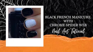 Black French Manicure With Chrome Spider Web Nail Art