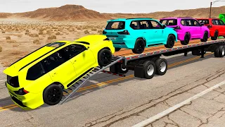 Flatbed Trailer Toyota LC Cars Transportation with Truck - Pothole vs Car #001 - BeamNG.Drive
