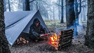 Solo Camping in Heavy Rain  [ cozy relaxing Sounds of Rain | tarp shelter | ASMR ]