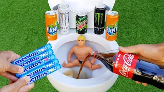 Experiment !! Stretch Armstrong VS Cola, Fanta, Mtn Dew, Monster and Mentos in Toilet