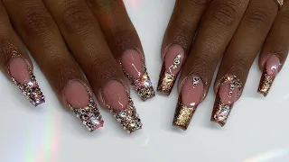 Rose Gold Swarovski Crystal French Bling Wedding Nails | Nail Tech's Secret to Full Bling Nail Art