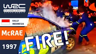 Colin McRae FIRE and DRAMA! Rally Mechanics Rally Service after Crash  - Rally of Indonesia 1997