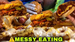 ⚠️EXTREMELY MESSY🤤 CHILI CHEESE BURGER CHILI CHEESE HOT DOGS CHILI CHEESY ANIMAL STYLE ONION RINGS