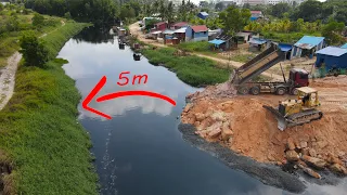 Really Great Building New Road Cross the canal by Operator Bulldozer Pushing Stone