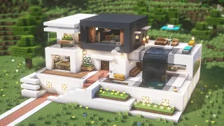 Minecraft: How To Build a Modern House with Pool Waterfall(#25) | 마인크래프트 건축, 모던하우스, 인테리어