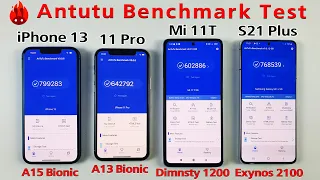 iPhone 13 vs 11 Pro vs Mi 11T vs S21 Plus Aututu Benchmark Test | A15 vs A13 / Dimensity 1200 / 2100