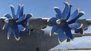 Contra rotating propellers on the propfans of an Antonov An 70 aircraft in slow motion