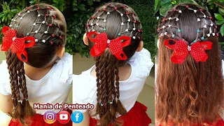 Penteado Infantil com redinha de ligas e amarração com tranças de duas pontas