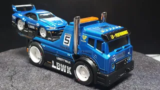 Tooned Nissan Skyline R34 Silhouette LBWK Hasemi & JDM flatbed by Maisto Muscle Machines 14 diecast