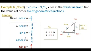 Tips |Trigonometric functions|| If cosx=–3/5 , x lies in  third quadrant, find values of other five
