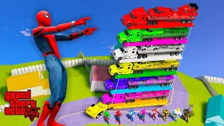 Spiderman & Super Heroes Loading Wonderful Colored Cars & Trucks Into An Amazing Six Floors Trailer