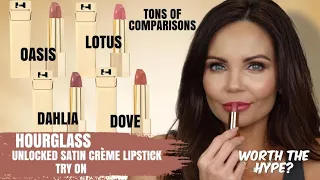 HOURGLASS UNLOCKED SATIN CREME LIPSTICKS TRY ON | SHADES OASIS, DOVE, LOTUS & DAHLIA | COMPARISONS