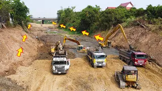 Long Canal Construction Operated with Huindreds of Heavy Machines & Dozer Caterpillar Pushes Dirt