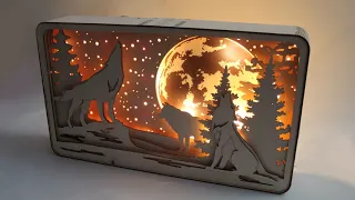 Multilayered Wood Sculptures with glowing moon, Light box from plywood assembly manual, LED decor