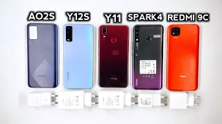 Vivo Y12s Vs Samsung Galaxy A02S Vs Vivo Y11 Vs Tecno Spark 4 Vs Xiaomi Redmi 9C Charging Speed Test