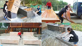 TIMELAPSE 30 days woodworking make wooden bed, Install washing machines and plumbing systems