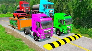 Double Flatbed Trailer Truck vs Speedbumps Train vs Cars  Tractor vs Train Beamng.Drive 09 #128