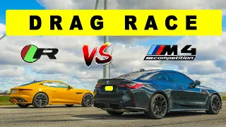 2022 Jaguar F Type R vs 2022 BMW M4 Comp, things get interesting at the end. Drag and Roll Race.