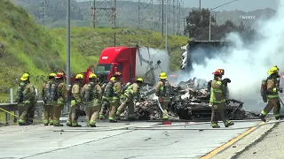 5 Freeway Crash Involves 2 Semi Trucks, Fire; Burned Driver Transported to Hospital