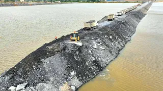 Magnificent Road Construction Project By SHANTUI Dozer Push Stone, Truck Spreading stone to River