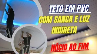 Rebaixamento de teto em PVC com sanca e luz de led. Veja as etapas do forro PVC decorado com sanca.