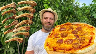 Cooking HOMEMADE BBQ PIZZA and RACK OF LAMB on a DIY Charcoal Grill-Stove