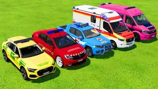 AUDI, DACIA, VOLKSWAGEN POLICE CARS & MERCEDES AMBULANCE EMERGENCY TRANSPORTING WITH TRUCKS ! FS22