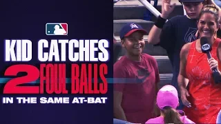 Kid Catches 2 Foul Balls in same at-bat!!