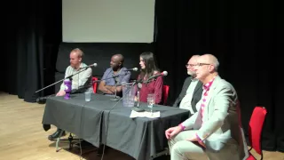 The panel with Bjorn Ihler. Jean Paul Samputu, Patrick Magee, Jo Berry and chaired by Simon Fanshawe