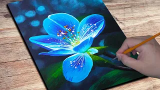 The painting of blue flowers blooming in the black night. | Acrylic painting |  Daily challenge 87