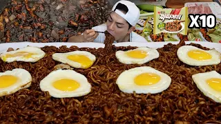 공복에 배고파서 간짜장 짜파게티 10봉지 라면먹방 (Feat.삼겹살) Eat 10 Ramen MUKBANG