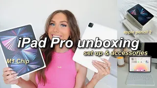 iPad Pro 11" M1 2021 UNBOXING, SET UP, ACCESSORIES + CUSTOMIZATION | Apple Pencil 2 & More!